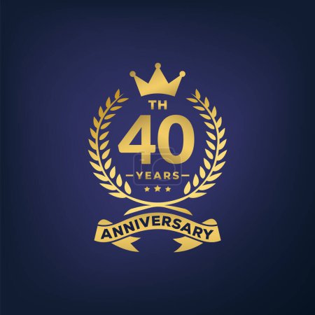 Illustration for 40 years anniversary laurel wreath logo or icon. 40th Years Anniversary elegant Gold Line Celebration Vector. - Royalty Free Image