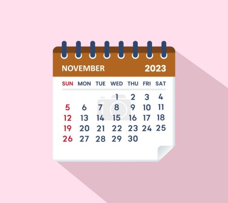 Téléchargez les illustrations : Novembre 2023 Feuille de calendrier. Calendrier 2023 en style plat - en licence libre de droit
