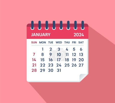 Kalenderblatt Januar 2024. Kalender 2024 im flachen Stil