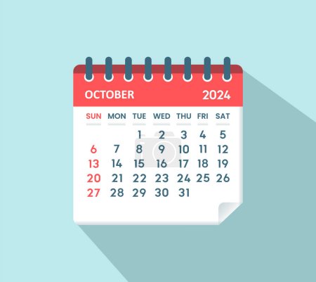 Ilustración de Octubre 2024 Hoja de calendario. Calendario 2024 en estilo plano - Imagen libre de derechos