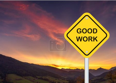 Illustration for Yellow transportation Good Work road sign isolated on violet sky background - Royalty Free Image