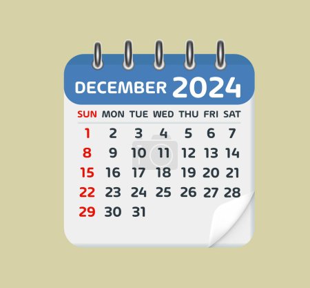 Ilustración de Diciembre 2024 Hoja de calendario. Calendario 2024 en plantilla de vector de estilo plano - Imagen libre de derechos