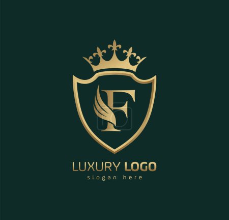 Luxus Crown F-Logo. Buchstabe F Flügel Logo.