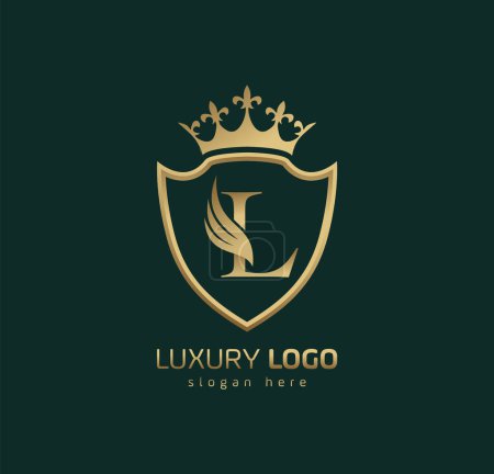 Luxury Crown L logo. Letter L wings logo.