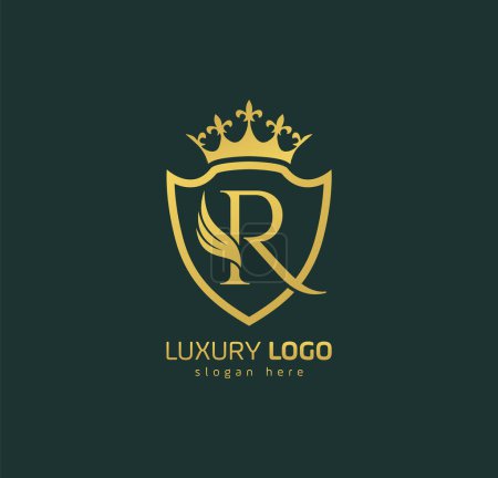 Luxury Crown R logo. Letter R wings logo.