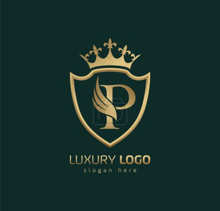 Luxury Crown P logo. Letter P wings logo.