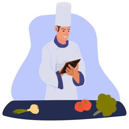 Illustration for Cook tehnologist calculater . Vector illustration, man checking products at the factory concept - Royalty Free Image
