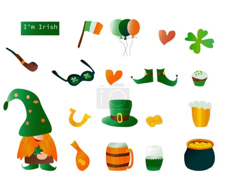 Illustration for Saint Patriks Day icons, leprechaun, luck, flag, irish. Vector illustration on white bacground. - Royalty Free Image