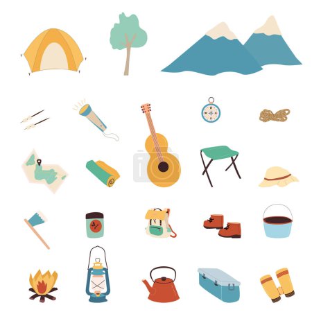 Illustration for Camping set collection by summer time. Vector illustration on white bacground, compass camp lamp backpack fire - Royalty Free Image
