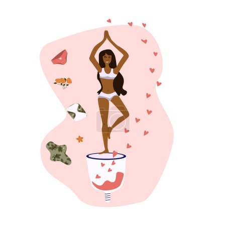 Illustration for Black woman in the zero vaste period. He is happy with the use of a menstrual cup and reusable pads, panty liners. Vector illustration. - Royalty Free Image