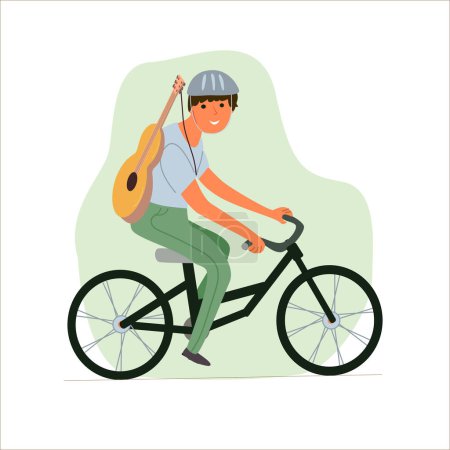 Illustration for Musician man or boy with guitar rides a bicycle, vector illustration drawn by hand on a white background. - Royalty Free Image