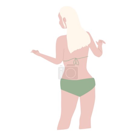 Ilustración de Una chica o una mujer en un traje de baño de bikini está de pie con su espalda al espectador. ilustración vectorial sobre un fondo blanco - Imagen libre de derechos