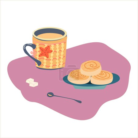 Ilustración de Ilustración vectorial con una taza de café, cinabrio. Taza witn tejida cubierta con corazón - Imagen libre de derechos