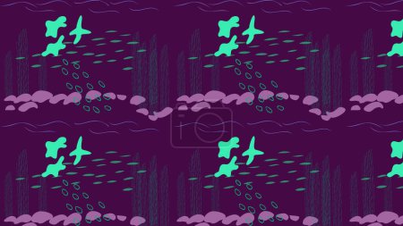 Illustration for Stylish pattern with marine animals. abstract illustration on the theme of life under water. it can be used for textile design of scarves, pillows, curtains, for the packaging design marine goods. - Royalty Free Image