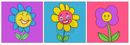 set of retro posters of flowers with smiles faces. Vector illustration on a colourful background. Usable for print textile, banners.