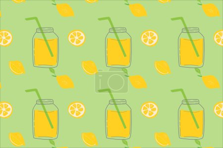 Ilustración de Bebida desintoxicante - limonada con rodajas de limón y paja - patrón. Ilustración vectorial sobre fondo verde. Patrón sin costuras de verano para envolver, papel pintado. - Imagen libre de derechos