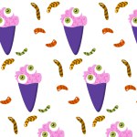 candy from worms and ice cream from brain with eyeballs - pattern. Vector illustration - food for zombie isolated. On white background. Creative background for Halloween.