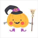 cute pumkin halloween character in witch costume. Vector illustration isolated. Kawai character in flat style with cute face. Suitable for baby children background, greeting card for Halloween holiday