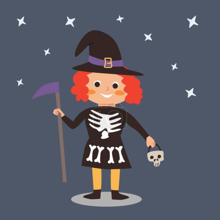 Illustration for Halloween vector child character - girl in skeleton costume. Vector illustration of kid with hat, skeleton blouse and skirt, basket skull and scythe. Cartoon small girl - card or background. - Royalty Free Image