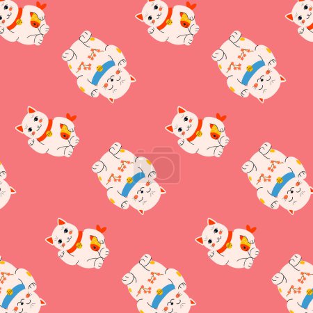 Téléchargez les illustrations : Culture traditionnelle du modèle de chat japonais. Illustration vectorielle utilisable pour papier d'emballage, impression, tissu, fond bébé, affiche, cadeaux, fonds d'écran. Poupées chat blanc sur fond rose. Symbole de chance. - en licence libre de droit