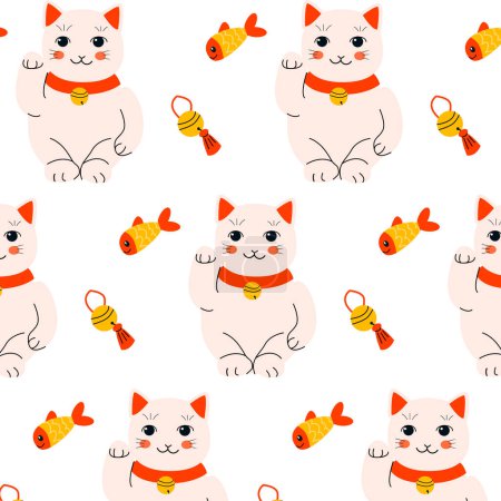 Illustration for Cute cat doll and fish and oriental bell background. Vector illustration usable for textile, wrapping paper, fabric, decoration. baby animal pattern in red and yellow and white colors. - Royalty Free Image