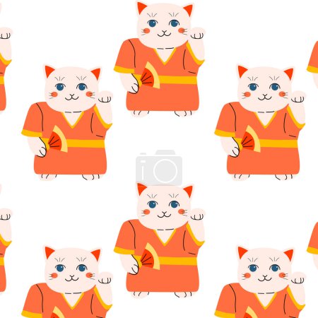 Illustration for Cute maneki kitten with chinese fun - pattern. Vector illustration usable for decoration textile, fabric, print design, wallpapers, posters. Cute baby background in trendy pink and red colors. - Royalty Free Image