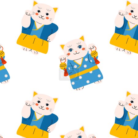 Illustration for White color cat maneki neko - seamless fabric pattern. Vector illustration usable for gift textile, posters, fabric decoration. Maneki doll cute background with trendy colors. - Royalty Free Image