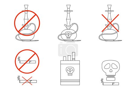 Illustration for Hookah outline icon - ban smoking and danger of health. Vector illustration isolated. Icons outline color. Usable for banner, ban label, infographic. - Royalty Free Image