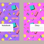 90s cover template for notebook, diary design. Vector illustration on blue or pink background. Notebook abstract background with geometry shapes. 
