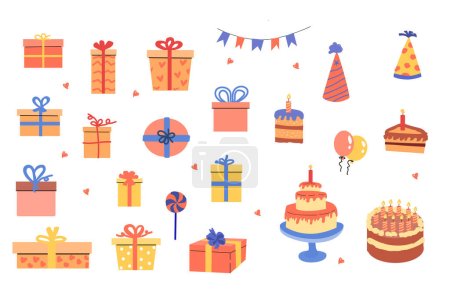 Illustration for Anniversary and holiday set of box, cake and balls. Vector illustration isolated - Royalty Free Image