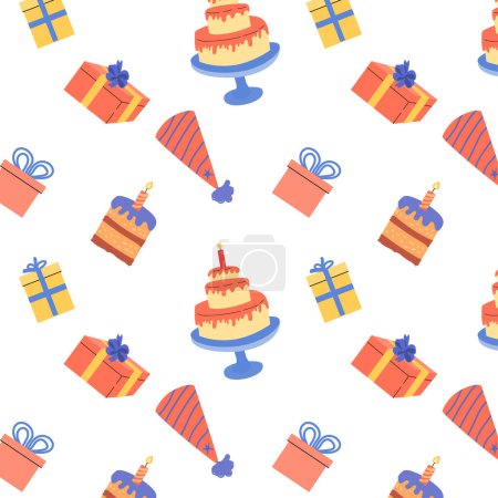 Illustration for Birthday anniversary seamless background with cake and box, birthday hats. Vector illustration isolated. - Royalty Free Image