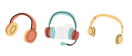 Headphones set. Audio listening equipment vector illustration isolated for musical background, media concept banner, greeting card, vintage style. 