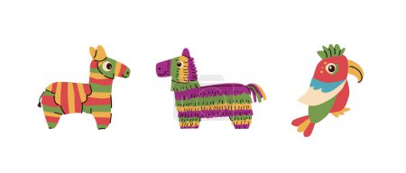 Mexikanische Pferd Pinata Set und Papagei für Party in flachem Stil. Vector Illustration kann für Geburtstagskarte Pinata Party Card, cinco de mayo Hintergrund, Grußkarten, Banner, Etiketten verwendet werden. 