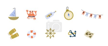 Set of nautical marine items for baby sea summer party. Vector illustration of travel on boat. Nautical equipment and symbols with birthday decoration beacon bunting. 