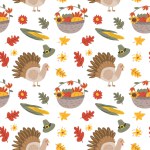 Autumn fall thankgiving pattern with cartoon characters, thanksgiving holiday background, fall wild animals and turkey, seasonal food with pumkin.