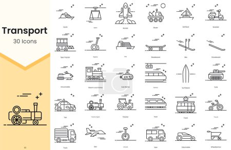Ilustración de Esquema simple Conjunto de iconos de transporte. Thin Line Collection contiene iconos tales como cohete, rover, velero, scooter, tractor de mar y más - Imagen libre de derechos