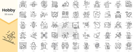 Illustration for Simple Outline Set of55 Hobby Icons. Thin Line Collection contains such Icons as jigsaw puzzle, jumping rope, karaoke, kart racing and more - Royalty Free Image