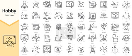 Illustration for Simple Outline Set of Hobby Icons. Thin Line Collection contains such Icons as animal care, archery, astronomy, autographs collector, baking and more - Royalty Free Image