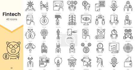 Illustration for Simple Outline Set of Fintech Icons. Thin Line Collection contains such Icons as internet banking, investment, piggy bank, planning, profit, report and more - Royalty Free Image