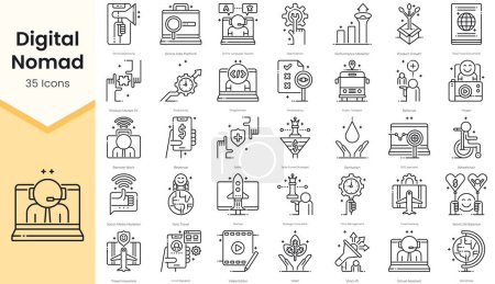 Illustration for Simple Outline Set of Digital Nomad icons. Thin Line Collection contains such Icons as online language teacher, optimization, performance marketer and more - Royalty Free Image