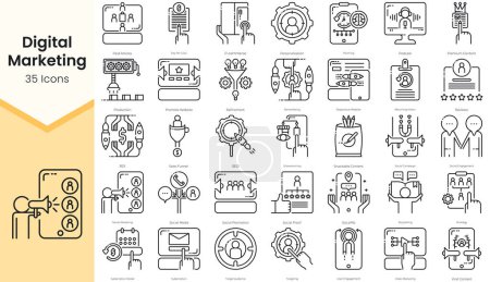 Ilustración de Conjunto de iconos del marketing digital. Thin Line Collection contiene iconos como personalización, planificación, podcast, contenido premium, producción y más - Imagen libre de derechos