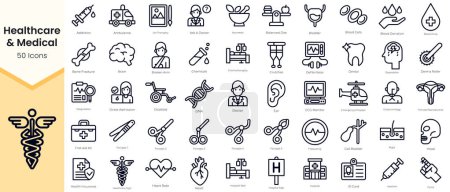 Ilustración de Simple Outline Set of Healthcare & Medical Icons. Thin Line Collection contains such Icons as addiction, ambulance, ayurvedic, baby, balanced diet, bladder, blood cells and more - Imagen libre de derechos