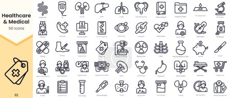 Conjunto de Esquema Simple de Iconos Médicos y de Salud. Thin Line Collection contiene iconos como riñones, hígado, pulmones, ganglios linfáticos, reproducción masculina, libro médico y más