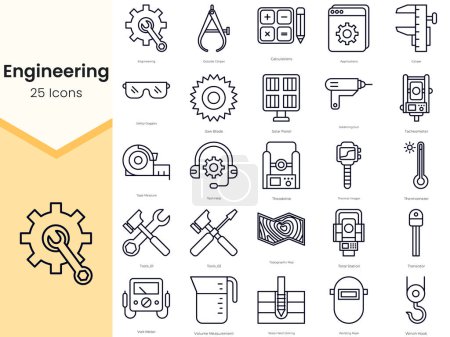 Illustration for Simple Outline Set of Engineering Icons. Thin Line Collection contains such Icons as saw blade, solar panel, soldering gun, tacheometer and more - Royalty Free Image