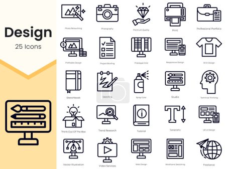 Einfache Umrisse Set von Design-Symbolen. Thin Line Collection enthält Icons wie professionelles Portfolio, profitables Design, Projektbriefings und mehr