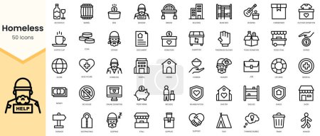 Ilustración de Conjunto de iconos para personas sin hogar. Paquete de iconos de estilo lineal. Ilustración vectorial - Imagen libre de derechos