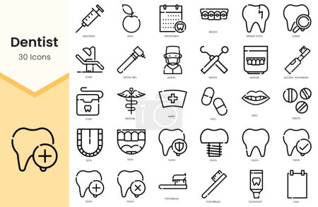 Set von Zahnarzt-Ikonen. Simple Outline Stil-Symbole packen. Vektorillustration