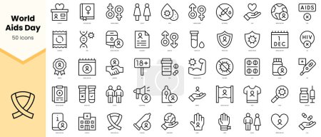 Ensemble d'icônes de la journée mondiale des aides. icônes de style art ligne simple pack. Illustration vectorielle