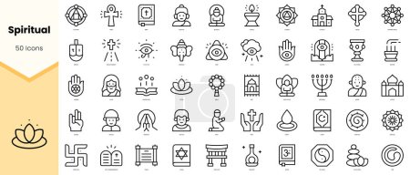 Eine Reihe spiritueller Symbole. Einfache Zeilenkunst-Stil-Symbole packen. Vektorillustration