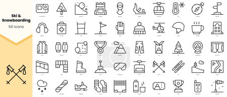 Set of ski and snowboarding Icons. Simple line art style icons pack. Vector illustration